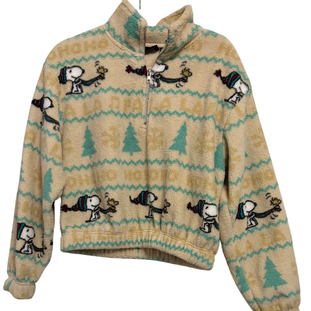 Peanuts Snoopy Holiday Fleece Pullover Sweatshirt Cream Blue Green Trees M